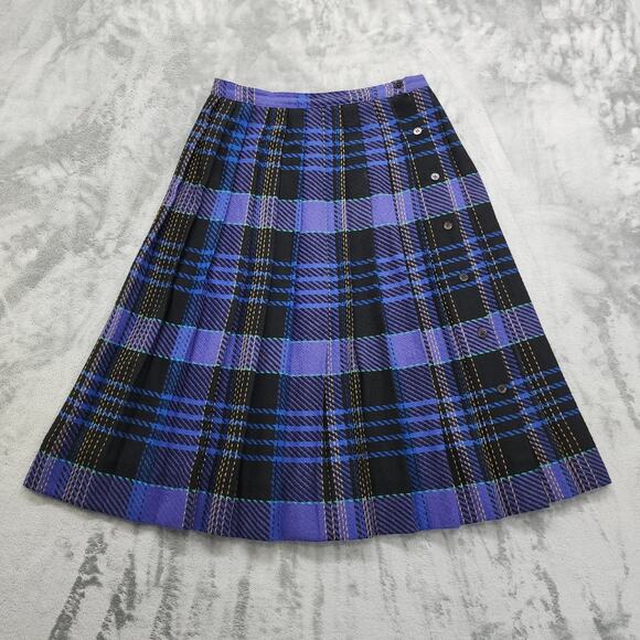 Vintage 80s Claude Skirt Womens 13/14 Purple Black Plaid Pleated Midi Wool Blend - Picture 1 of 9